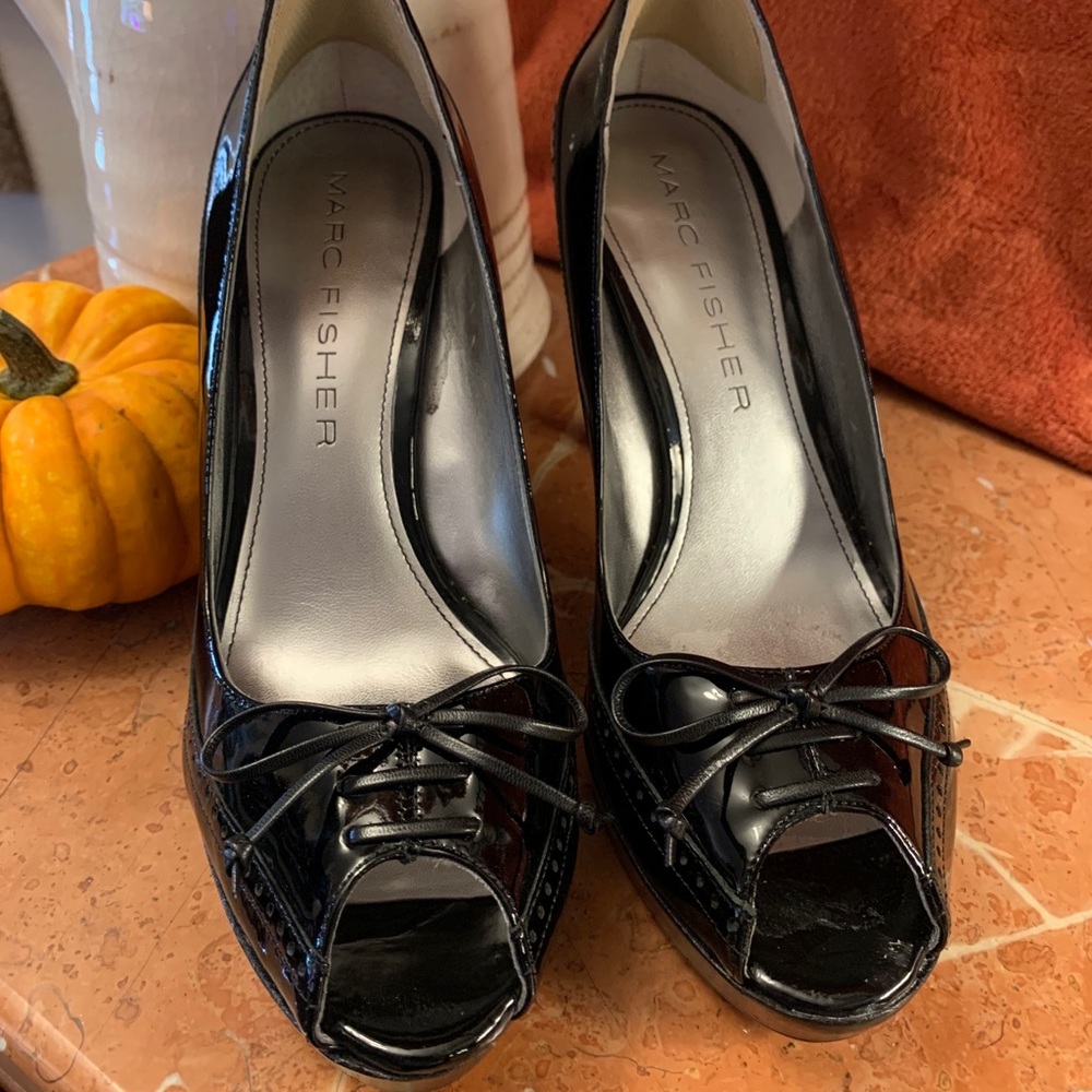 Marc Fisher Black patent peep toe heels